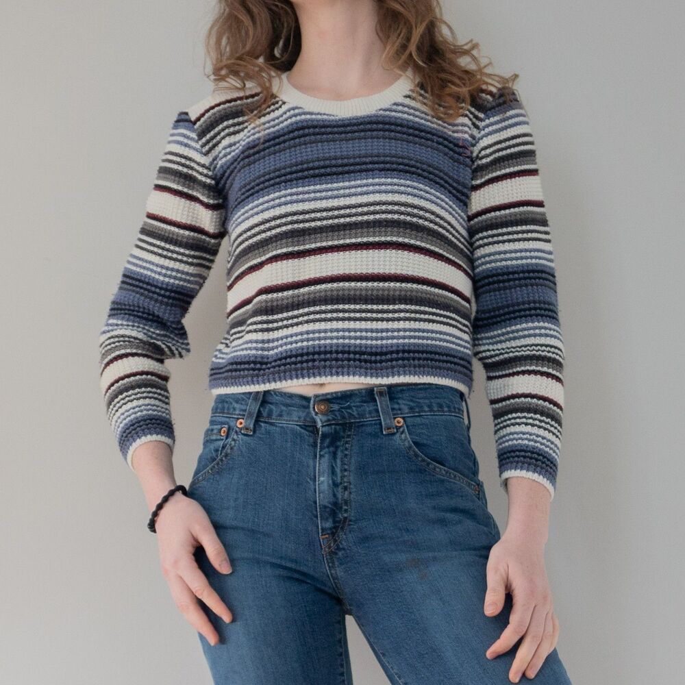 Vintage Striped Knit Cropped Blue White Skater Y2k Coastal Women's Sweater Top